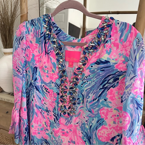 Lilly Pulitzer ELENORA SILK DRESS Periwinkle Purple Fan Sea Pants M - Picture 2 of 11